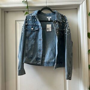 New Oversized Denim Jacket With Pearls and Diamonds